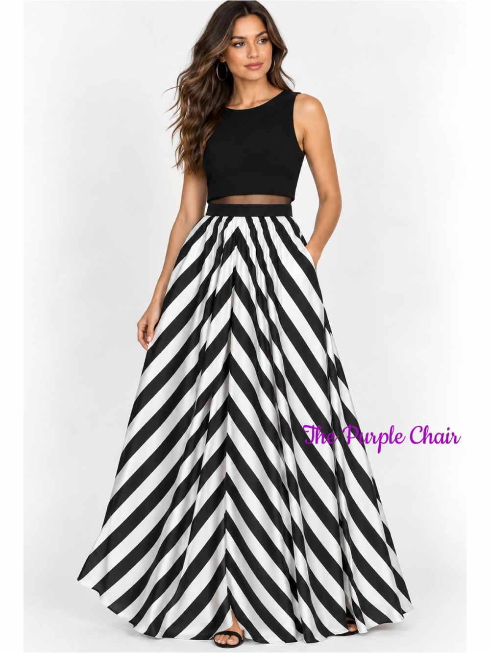 BETSY & ADAM Black White Striped Sleeveless A-Line Illusion Long Maxi Dress Sz 6